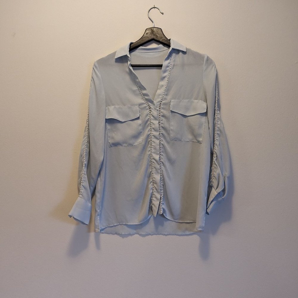 Zara blouse, Light-blue semi-sheer button-front, size Small/Medium